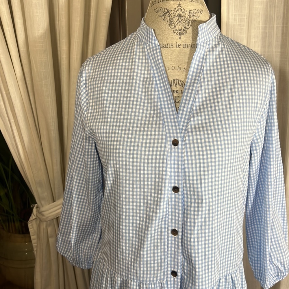 White & baby blue plaid prairie dress Dorothy style lightweight cool loose fit S - Picture 4 of 12